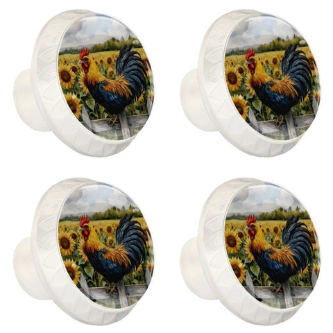 Four Pack White Dresser Knobs And Cabinet Pulls With Rooster Fence Sunflower Pattern For Drawers Cabinets Kitchen Closet And Wardrobe Doors 35mm Durable ABS Crystal Glass Finish