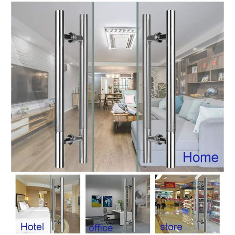 Brushed 304 Stainless Steel Thick Round Tube Glass Door Push Pull Handrail for sliding doors in various settings