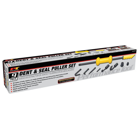 Packaging of Dent And Seal Puller Set 9 Piece With Slide Hammer And Attachments For Auto Body Repairs Durable Black Oxide Finish