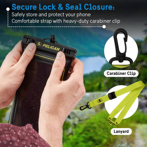 Two Pack Marine Waterproof Phone Pouches With IP68 Floating Design Regular Size Black And Hi-Vis Yellow with carabiner clip