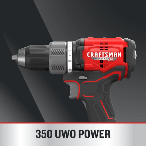 Close-up of the V20 Cordless Drill And Impact Driver Combo Kit With Brushless Motors showing 350 UWO power and sturdy grip
