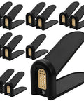 12 Pack Adjustable Shoe Slot Organizers, Double Layer Closet Stackers in black and gold design for organized shoe storage.