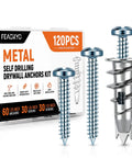 Heavy Duty Metal Self Drilling Drywall Anchors Featuring Dual Sized Screws Deliver Premium Zinc Alloy Sheetrock Fasteners in 120pc kit.