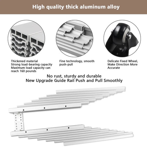 Top Shelf Heavy Duty Aluminum Telescopic Table Extension Slides Built Tough With Silent Glide Motion, showing thick aluminum design.