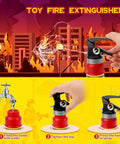 Kid Friendly Firefighter Dress Up Costume Set With 13 Pieces Pretend Play Gear Including Helmet Extinguisher Walkie Talkie Bullhorn Axe Pry Bar Badge And More For Boys And Girls - instructional image showing toy fire extinguisher with steps for use.