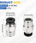 Push To Connect Pneumatic Fittings Set 10 Pack One Eighth Inch NPT Male To One Eighth Inch OD Tube Nickel Plated Brass Quick Connect