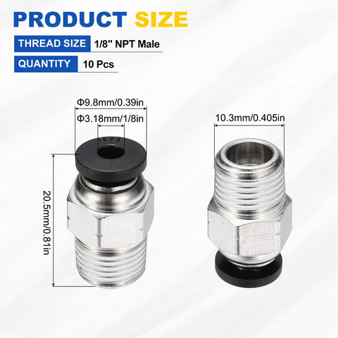 Push To Connect Pneumatic Fittings Set 10 Pack One Eighth Inch NPT Male To One Eighth Inch OD Tube Nickel Plated Brass Quick Connect