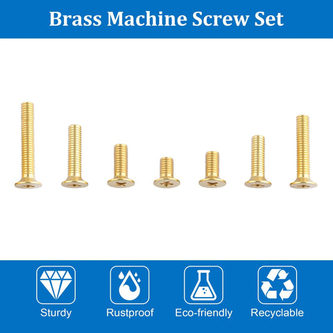 M4 Brass Flat Head Phillips Screws and Hex Nut Kit, 240 Pcs DIY Ready Fasteners for Electronics, Furniture Assembly, and Mechanical Projects Includes M4 6mm to M4 25mm Screws and 120 Nuts brass screw sizes