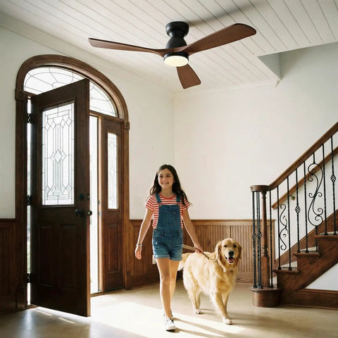 52 Inch Smart Flush Mount Low Profile Outdoor Ceiling Fan With Lights Dope Quiet DC Motor Alexa Built In App Remote Control Six Speed Dimmable Three Wood Blades For Patio Dark Walnut installed in a room.
