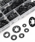Solid As A Rock Star Lock Washers And Speed Clip Hardware Assortment Kit With M3 To M12 Steel Fasteners showcasing black internal tooth washers.