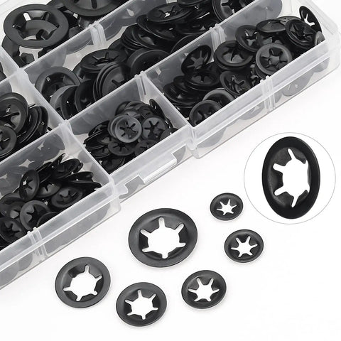 Solid As A Rock Star Lock Washers And Speed Clip Hardware Assortment Kit With M3 To M12 Steel Fasteners showcasing black internal tooth washers.