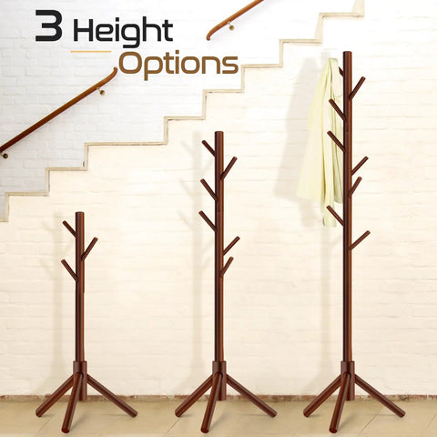 Wooden Coat Rack Freestanding With 8 Hooks And 3 Adjustable Heights Space Saving Clothes Organizer For Bedroom Office