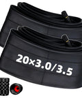 Two-pack of Beefy 20x3 Fat Bike Inner Tube Set for 20x2.75 to 20x3.5 tires with American valves, shown in black butyl rubber.