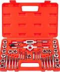 GudeKeen 40-piece metric tap and die set in a red plastic case with assorted M3–M12 taps and dies