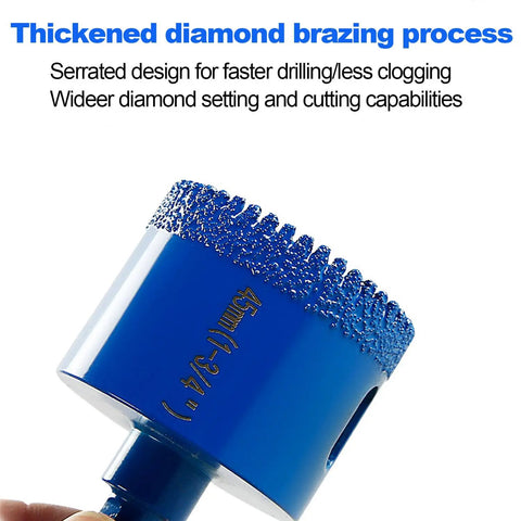 Close-up of a 45mm drill bit from Ten Piece Diamond Hole Saw Kit For Ceramic, Marble, Granite And Glass With Pro Grade Heavy Duty Brazed Core Bits And EVA Guide Jig, Serrated Dry And Wet Cutting Drill Bits Ranging From Six To Fifty Millimeters.