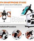 Epic Biological Microscope for Home Learning with Slides Set and Phone Adapter installation guide and smartphone compatibility.