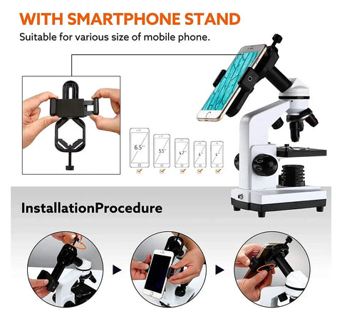 Epic Biological Microscope for Home Learning with Slides Set and Phone Adapter installation guide and smartphone compatibility.