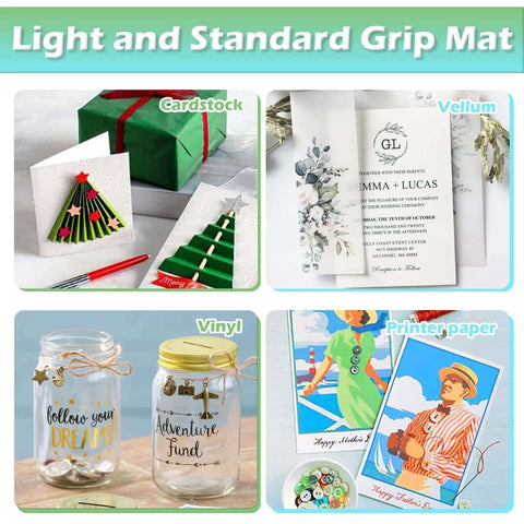 HTVRONT 12x12 cutting mats (2-pack) with light and standard grip; collage shows cardstock, vellum, vinyl, printer paper