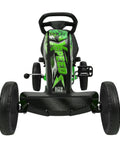 Front view of green Pedal Go Kart for Kids, Kid Friendly, With Realistic Driving Action and Immersive Ride Built for Safe Outdoor Fun.