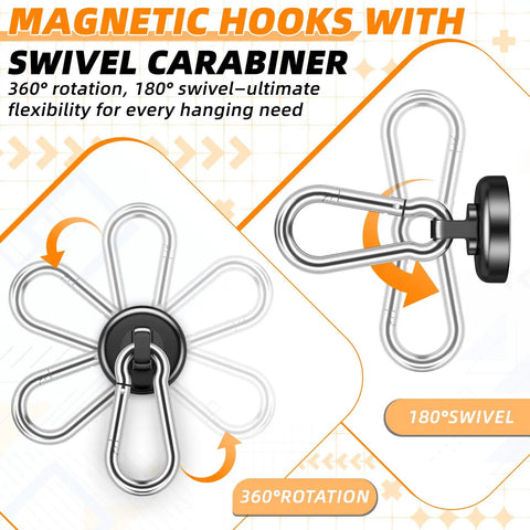 Ridiculously Strong Heavy Duty Neodymium Magnetic Hooks 20 Pack 70 Pound Capacity Beast Mode Wall Organizers swivel carabiner with 360° rotation and 180° swivel.