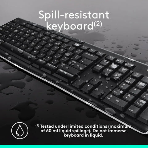 Spill-resistant MK270 Wireless Keyboard And Mouse Combo For Windows Two Point Four GHz USB Receiver, close-up view.