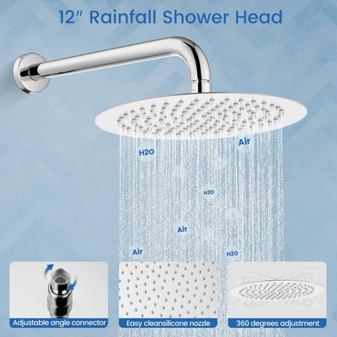 High Pressure 12 Inch Rainfall Shower Head Set With Boss-Grade Brass Rough-In Valve showing water flow and nozzle details
