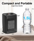 Two In One Portable Space Heater With 1500W And 1000W Settings, Quiet Ceramic Heater With Integrated Fan next to 1.5L bottle for size comparison