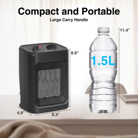Two In One Portable Space Heater With 1500W And 1000W Settings, Quiet Ceramic Heater With Integrated Fan next to 1.5L bottle for size comparison