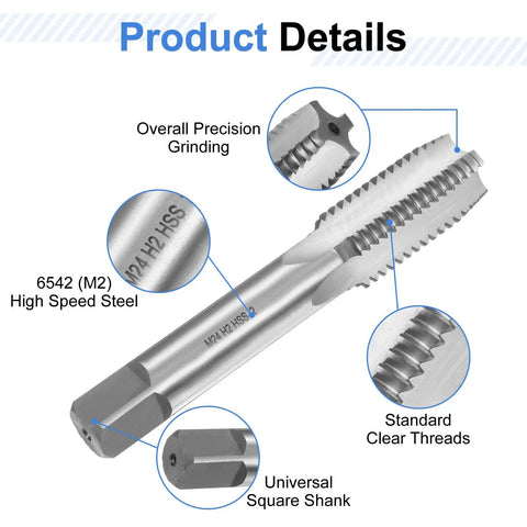 Three Piece M24 X 3 Hand Tap Set High Speed Steel Taps For Taper Plug And Bottom Threads Right Hand Metric Threading Tools DIY Metalworking Tapping Kit Pro Grade Beefy, close-up of high-speed steel threading tap with clear threads and precision details