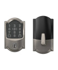 Rock Solid Smart WiFi Lock For Front Door Keyless Entry Deadbolt Works With Apple Watch Unlock Built In WiFi Hassle Free App Control Easy Install Alexa And Home Kit Ready Satin Nickel Pack Of Four showing keypad and latch side view.