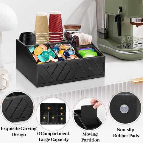 Coffee Station Organizer For Counter With Wood Pod Holder And Tea Condiment Storage Basket in kitchen setting