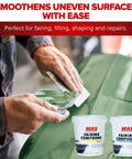 Ready Mix Epoxy Fairing Compound One Gallon Heavy Duty Formula with Helluva Sag Resistance for Marine Fiberglass and Wooden Hulls, in use smoothing surfaces.