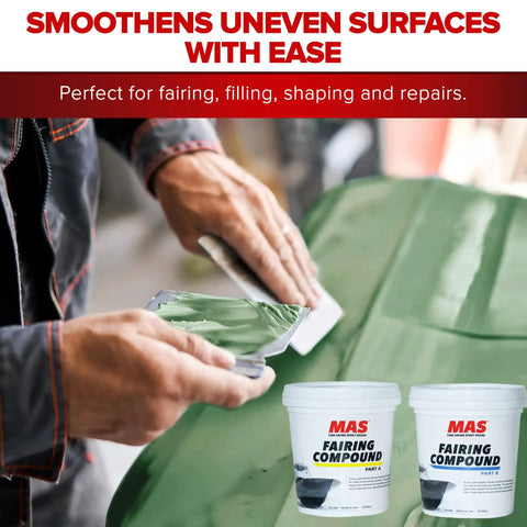 Ready Mix Epoxy Fairing Compound One Gallon Heavy Duty Formula with Helluva Sag Resistance for Marine Fiberglass and Wooden Hulls, in use smoothing surfaces.