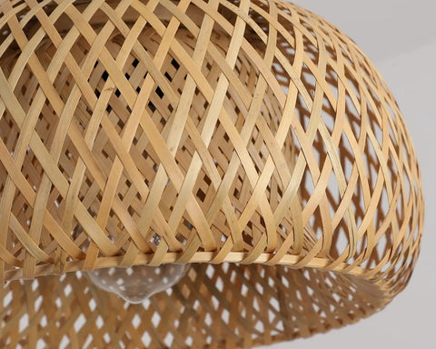 Close-up view of Totally Fresh Handmade Woven Bamboo Pendant Light Fixture showing the intricate woven design and natural texture.