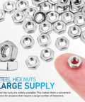 Top Shelf 50 Pack Stainless Steel Hex Nuts With Coarse Thread Built Tough Hardware Fasteners Precision Metal Nut Kit, close-up view of a single hex nut.