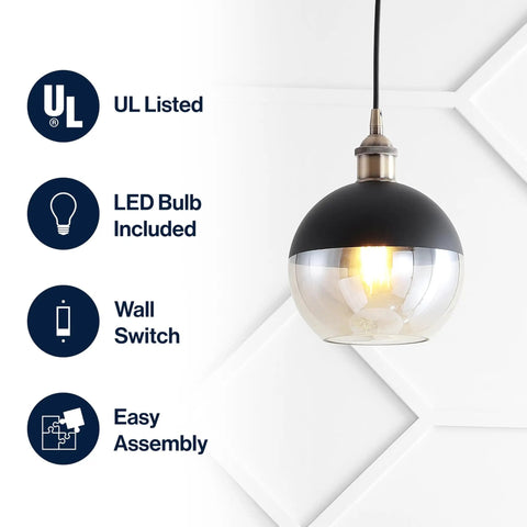 Brass Gold And Black Mid Century Modern Globe Pendant Light With Adjustable Cord And LED Bulbs Included, Champagne Smoked Glass Shade