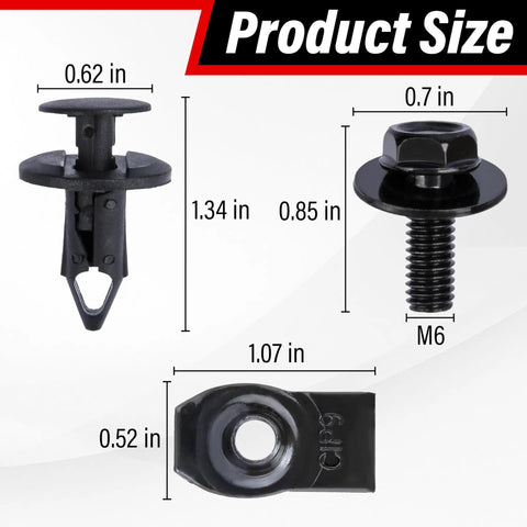 45 Piece Engine Under Cover Splash Shield All-In-One Fastener Kit with size details for bolts, rivet clips, and retainers