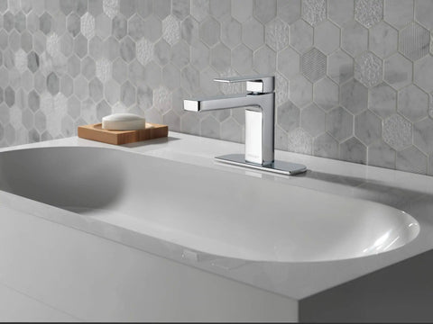 Handle Lavatory Faucet for Single Hole Install With Matte Black Finish in modern bathroom with hexagonal tile backdrop