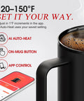 Smart Self Heating Coffee Mug With 14 Oz Size And Intelligent AI Heat Control To Keep Your Morning Brew Piping Hot All Day Long Without Any Manual Hassle For A Total Daily Flex with adjustable temperature settings displayed.