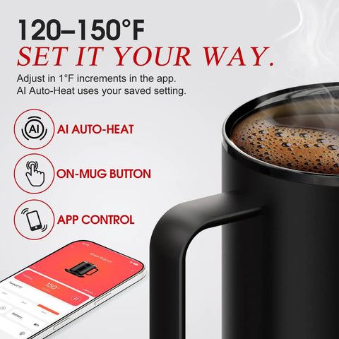 Smart Self Heating Coffee Mug With 14 Oz Size And Intelligent AI Heat Control To Keep Your Morning Brew Piping Hot All Day Long Without Any Manual Hassle For A Total Daily Flex with adjustable temperature settings displayed.