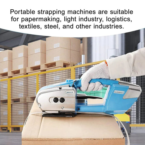 Battery Powered Strapping Machine For PP And PET Straps, auto tighten tool sealing box, ideal for plants, includes gloves