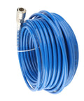 Straight Up Top Rated Heavy Duty Ultra Tough Air Compressor Hose Polyurethane Pneumatic Super Resilient Tubing Ideal For Construction Sites Auto Shops And Garages 20 Meters Long Quarter Inch NPT Blue Fittings Work Horse Gear Proven Performance. Coiled blue 20m polyurethane air compressor hose with 1/4 inch fitting