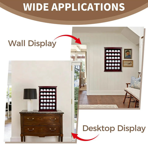Solid Wood Golf Ball Display Case Open Design No Door Wall Rack Cabinet For 30 Balls In Rich Mahogany Finish in room displays