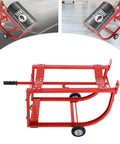 Rock Solid 55 Gallon Drum Cradle Heavy Duty Steel Drum Stand with caster wheels transporting a steel drum in factory.
