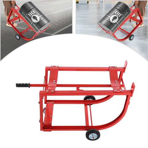 Rock Solid 55 Gallon Drum Cradle Heavy Duty Steel Drum Stand with caster wheels transporting a steel drum in factory.