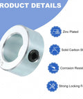 Set Of Sixteen Shaft Collars With Set Screws, Three Quarters Inch Bore, Outer Diameter One And Quarter Inch, Nine Sixteenth Inch Thick, Zinc Plated Carbon Steel Locking Axle Collars For Linear Rods And Guides, Heavy Duty And Anti Corrosion, showing zinc plating and solid carbon steel composition.