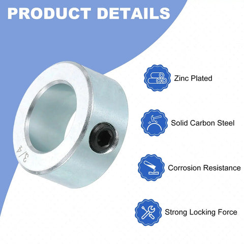 Set Of Sixteen Shaft Collars With Set Screws, Three Quarters Inch Bore, Outer Diameter One And Quarter Inch, Nine Sixteenth Inch Thick, Zinc Plated Carbon Steel Locking Axle Collars For Linear Rods And Guides, Heavy Duty And Anti Corrosion, showing zinc plating and solid carbon steel composition.