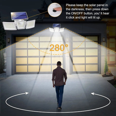 All in One Ultra Bright Solar Motion Sensor Lights Outdoor With Three Adjustable Heads Easy Install No Wire Required 280°