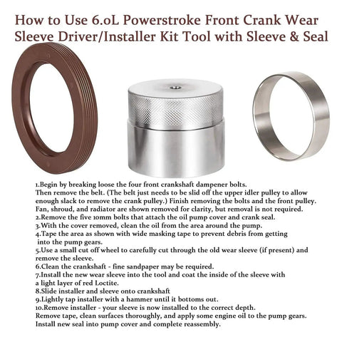 Front Crank Wear Sleeve Installer Kit And Sleeve Driver Tool with instructions for Ford Powerstroke 6.0L Engine Repair Pro Replaces 303-761