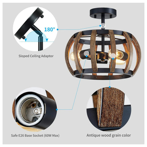 Dope Black Farmhouse Ceiling Light Fixture With Wood Grain Metal Finish showing sloped ceiling adaptor and E26 base socket